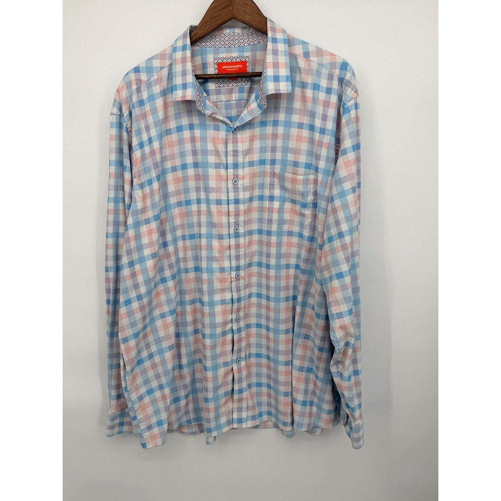 Johnston & Murphy Button Down Men XXXL Blue Coral Plaid Performance Shirt